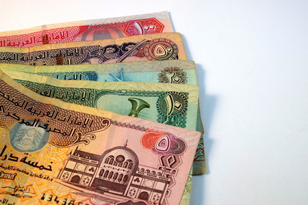Close up of  Various currency notes and coins from United Arab Emiratesの写真素材