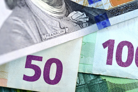 Close up USD and EUR, Dollar and Euro currency note
