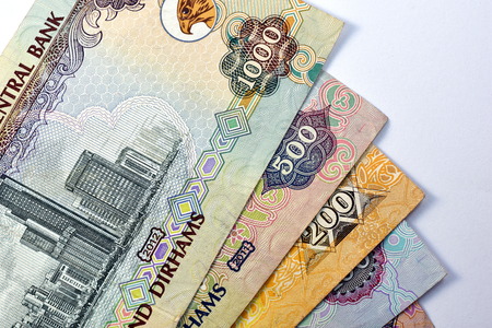 Close up different Dirhams currency note and coins, United Arab Emirates  Close up different Dirhams...