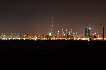 Dubai skyline at night from Meydan, United Arab Emiratesのeditorial素材