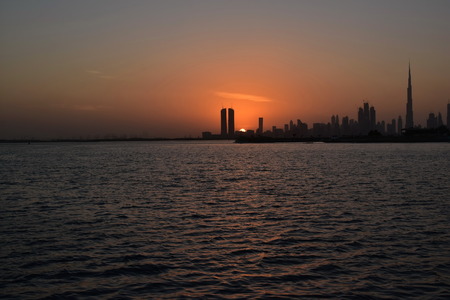 Dubai Ferry route at evening view, Dubai Canal, United Arab Emiratesの写真素材
