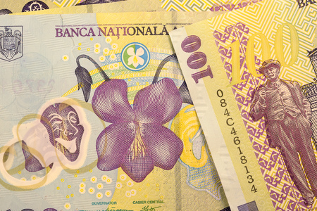Close up Romanian currency note, LEI or LEU, Romania