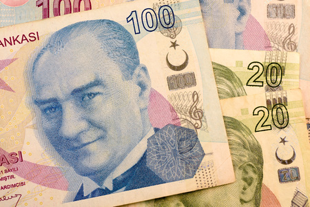 Close up Turkish lira currency note TRY