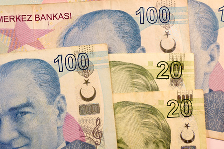 Close up Turkish lira currency note TRY
