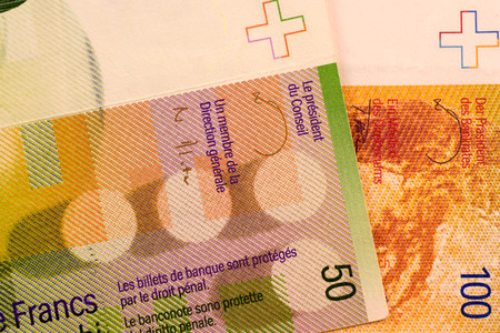 Close up Swiss francs currency note CHFの写真素材