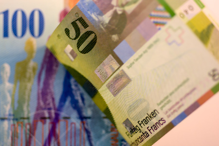 Close up Swiss francs currency note CHFの写真素材