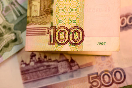 Close up Russian currency note, Ruble or RUB