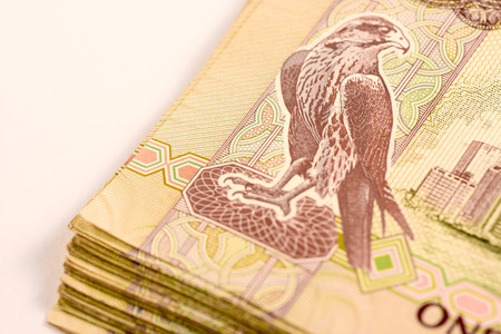 Close up Dirhams currency note and coins, AED, United Arab Emiratesの写真素材