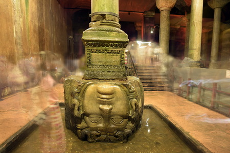 ISTANBUL, TURKEY - AUGUST 08, 2017: The Basilica Cistern in Turkish Yerebatan SarnÄ±cÄ±, means Cistern sinking into Ground, its largest saving water place in the city, Medusa statue is located there.のeditorial素材