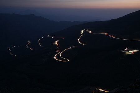 Car Trails in Jais Mountains, Jebel Jais, Ras Al Khaimah, United Arab Emiratesの写真素材