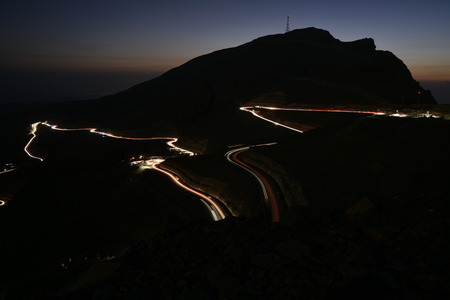 Car Trails in Jais Mountains, Jebel Jais, Ras Al Khaimah, United Arab Emiratesの写真素材