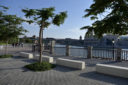 Dubai Parks and resor, Dubai, United Arab Emirates, May 24, 2019, the view of the Riverland Dubai to French village at dayのeditorial素材