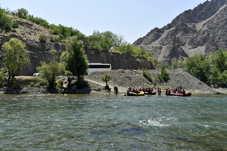 Zayandeh rood (Zayanderud), Garm dareh, Esfahan, Iran, June 28, 2019, Peoples making ready to sailing boat at the Zayandeh roodのeditorial素材