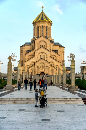 Around view of The Holy Trinity Cathedral of Tbilisi (Sameba) and buildings in old Tbilisi, October...