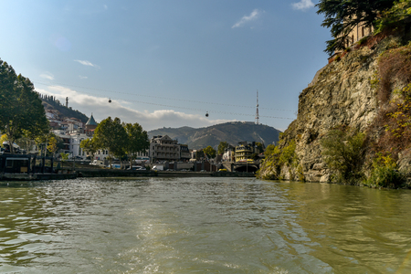 Kura River, Tbilisi city view from boat ride on the Kura River, October 21, 2019, Tbilisi, Republic...