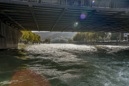 Kura River, Tbilisi city view from boat ride on the Kura River, October 21, 2019, Tbilisi, Republic of Georgiaのeditorial素材