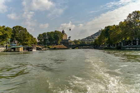 Kura River, Tbilisi city view from boat ride on the Kura River, October 21, 2019, Tbilisi, Republic...
