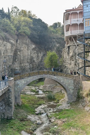Around Sulfur baths area, colorful building and bridges in the Old Town of Tbilisi,October 21, 2019, Republic of Georgia.のeditorial素材