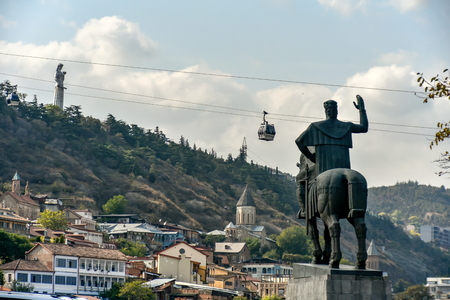 Old Tbilisi, Tbilisi, Georgia, October 17, 2019, Metekhi church and King Vakhtang Gorgasali on the horse monument in Tbilisi,famous landmark,Republic of Georgia, Caucasus regionのeditorial素材