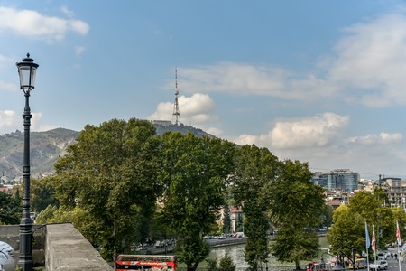 Old Tbilisi, Tbilisi, Georgia, October 17, 2019, Metekhi church and King Vakhtang Gorgasali on the horse monument in Tbilisi,famous landmark,Georgiaのeditorial素材
