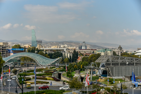 Old Tbilisi, Tbilisi, Georgia, October 17, 2019, Metekhi church and King Vakhtang Gorgasali on the horse monument in Tbilisi,famous landmark,Georgiaのeditorial素材