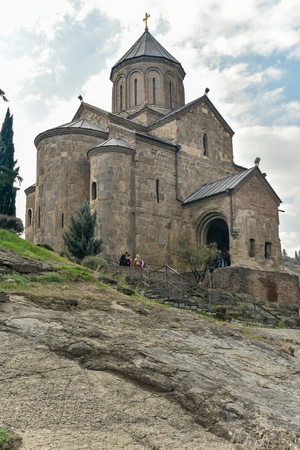 Old Tbilisi, Tbilisi, Georgia, October 17, 2019, Metekhi church and King Vakhtang Gorgasali on the horse monument in Tbilisi,famous landmark,Republic of Georgia, Caucasus regionのeditorial素材
