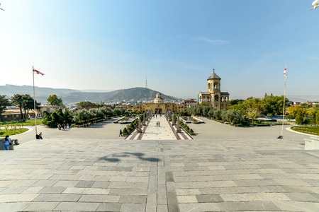 Around view of The Holy Trinity Cathedral of Tbilisi (Sameba) and buildings in old Tbilisi, October...