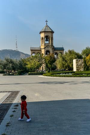 Around view of The Holy Trinity Cathedral of Tbilisi (Sameba) and buildings in old Tbilisi, October...