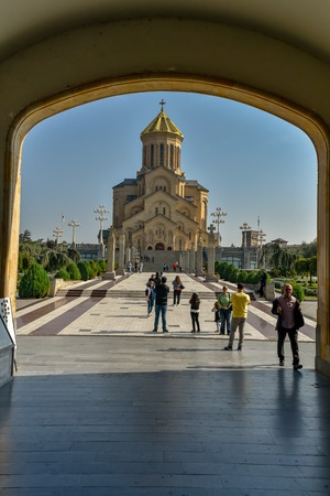 Around view of The Holy Trinity Cathedral of Tbilisi (Sameba) and buildings in old Tbilisi, October...