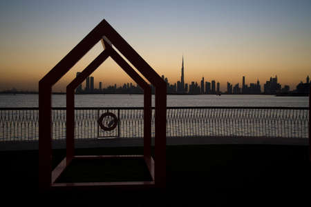 Dubai slyline from Dubai Creek Harbour and Dubai canal to Downtown and Business Bay, United Arab...