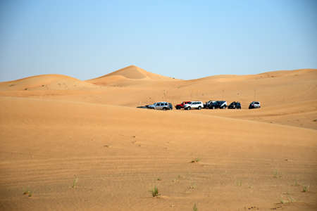 Dubai, United Arab Emirates â April 9, 2021, Mitsubishi Pajero, early morning off-roading and dune bashing around Al Madam Desert with UAE Off roaders, one of best attractions in UAEのeditorial素材