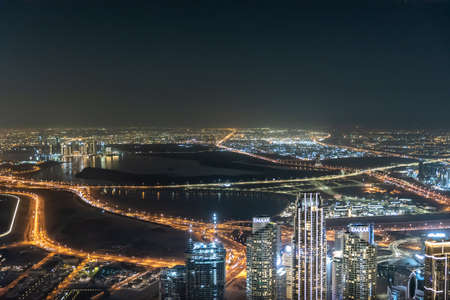 Dubai, United Arab Emirates â December 14, 2021, the Arial skyline view of Dubai city at night from at the top of Burj Khalifa at nightのeditorial素材