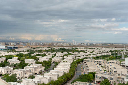 Dubai, United Arab Emirates â January 01, 2022, The Dubai skyline view for top of the building from Dubai Silicon Oasis (DSO) at rainy dayのeditorial素材