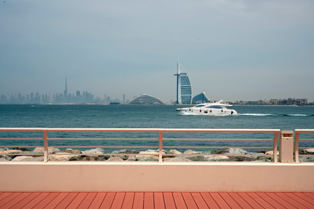 Dubai Skyline from Palm Jumeirah the view of Burj Al Arab and Dubai Downtown in the dayのeditorial素材