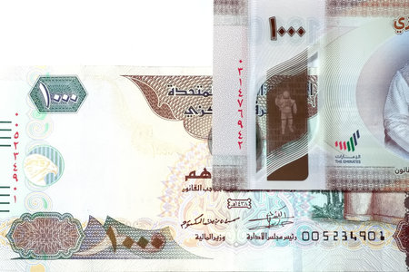 Close up Dirhams currency, AED, Bank note and coins, United Arab Emirates