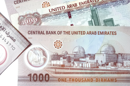 Close up Dirhams currency, AED, Bank note and coins, United Arab Emirates