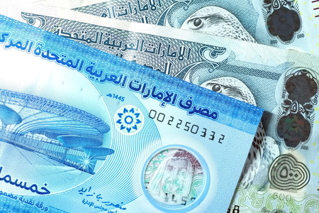 Close up Dirhams currency, AED, Bank note and coins, United Arab Emirates