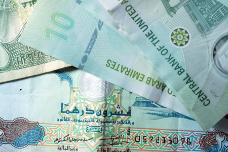 Close up Dirhams currency, AED, Bank note and coins, United Arab Emirates