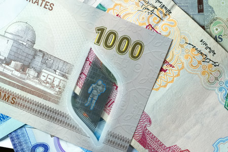 Close up Dirhams currency, AED, Bank note and coins, United Arab Emiratesの写真素材
