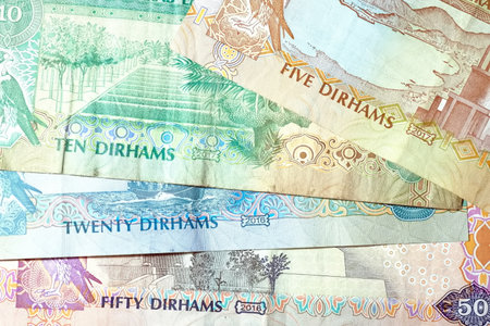 Close up Dirhams currency, AED, Bank note and coins, United Arab Emirates