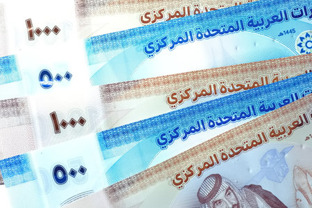 Close up Dirhams currency, AED, Bank note and coins, United Arab Emiratesの写真素材