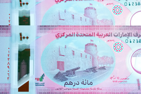 A high-quality, top-down view of United Arab Emirates currency (AED), featuring a mix of colorful...