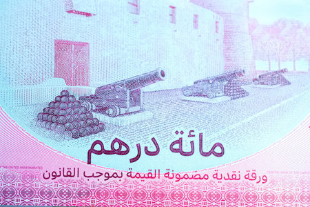 A high-quality, top-down view of United Arab Emirates currency (AED), featuring a mix of colorful...