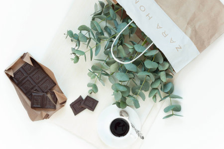 Natural color elegant flat lay with chocolate