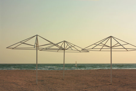 Beach umbrella On Sandy Beach. Backgroundの写真素材