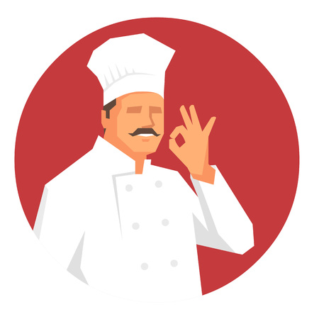 Confident chef in uniform with moustache gesturing ok hand sign. Flat vector illustration in round format.のイラスト素材