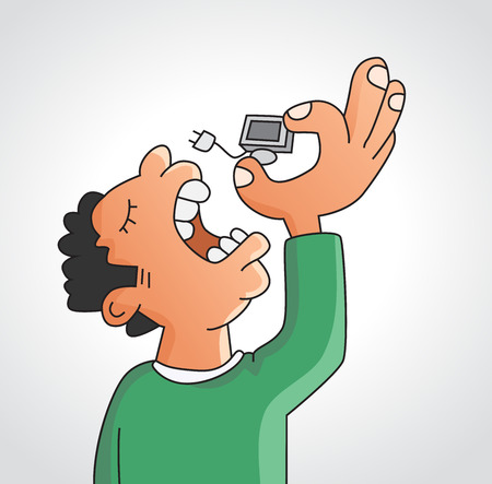 Consuming technology concept cartoon. Man eating a computer.のイラスト素材