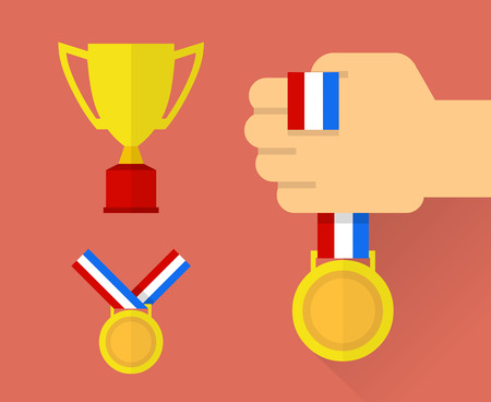 Golden trophy, golden medal with ribbon and hand holding medal. Flat vector.のイラスト素材