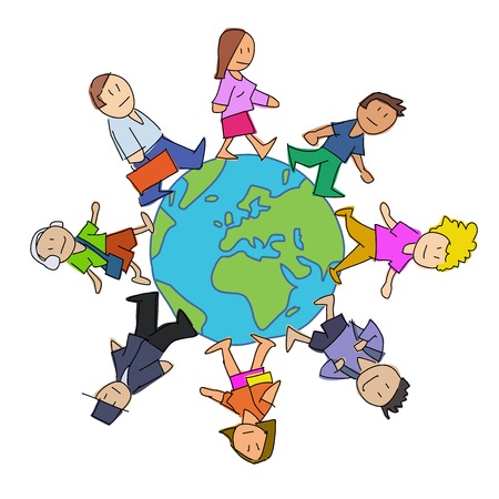 Diversity cartoon. Multicultural people walking around the world.のイラスト素材