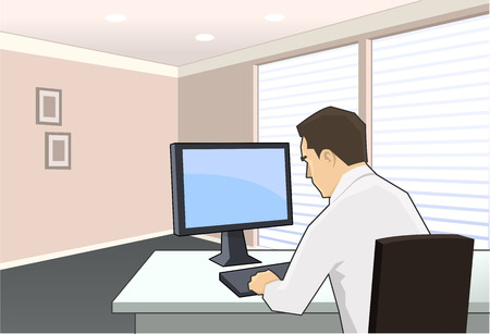 Businessman rear view, sitting in the office room, working on the computer.のイラスト素材